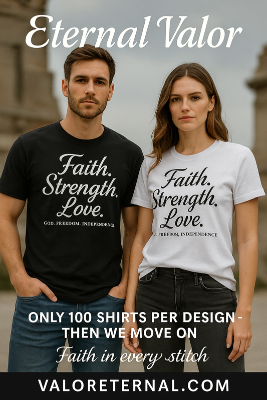 "Faith. Strength. Love."Premium Cursive Tee- Eternal Valor Limited Edition